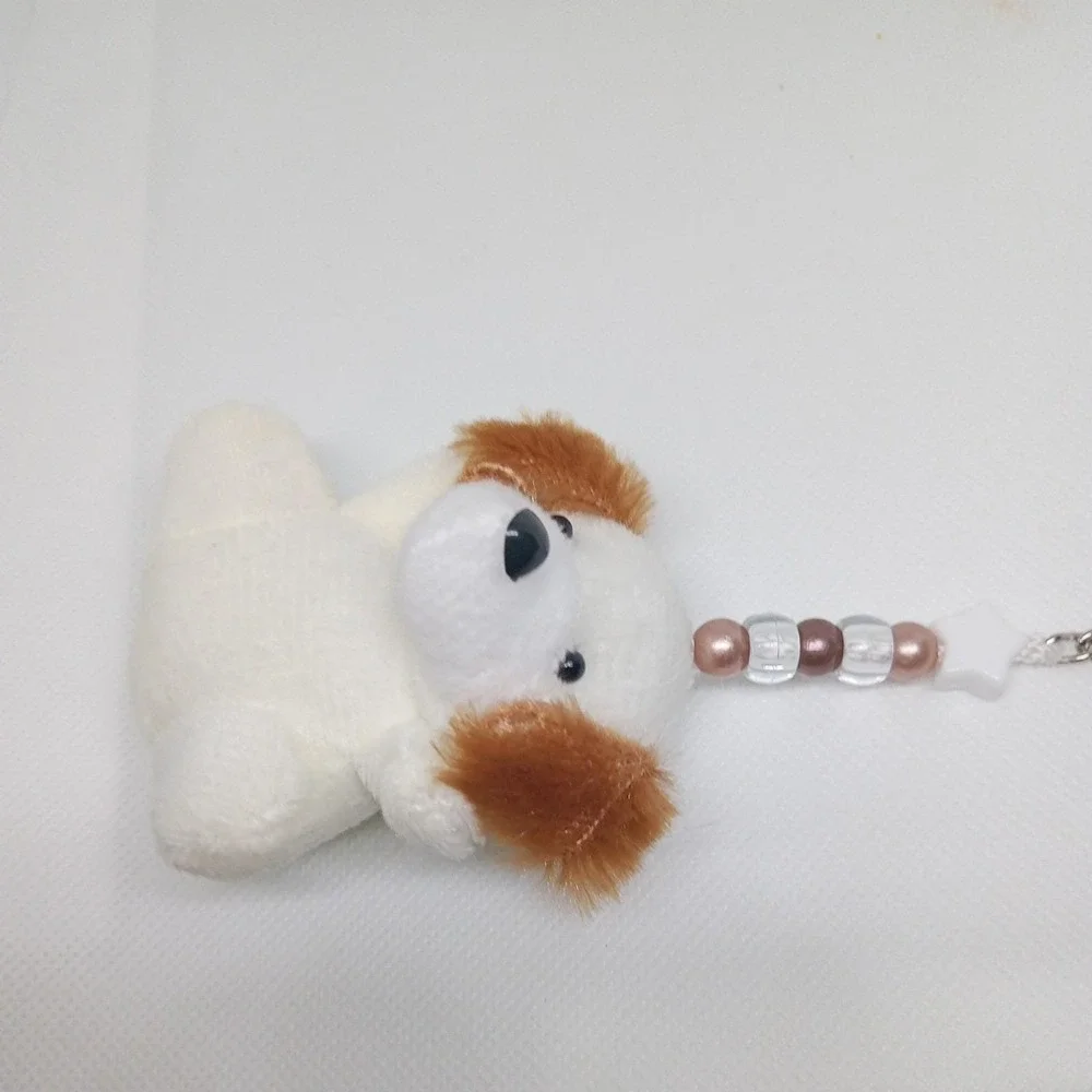 Beaded Puppy Dog Key Chain Backpack Clips White And Brown Ears